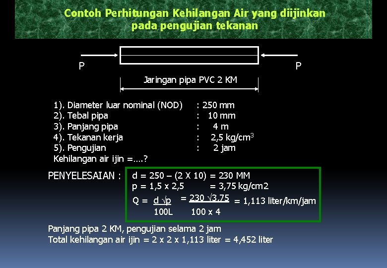 Contoh Perhitungan Kehilangan Air yang diijinkan pada pengujian tekanan P P Jaringan pipa PVC