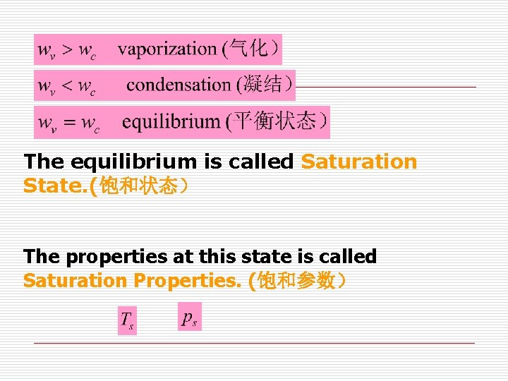 The equilibrium is called Saturation State. (饱和状态） The properties at this state is called