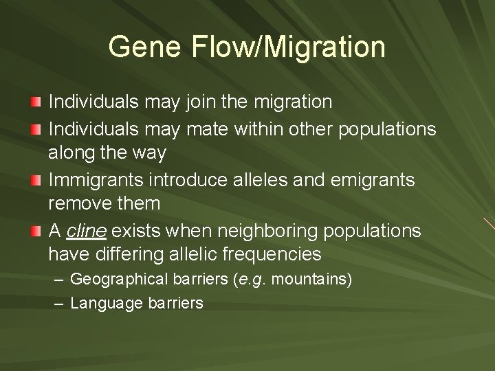 Gene Flow/Migration Individuals may join the migration Individuals may mate within other populations along