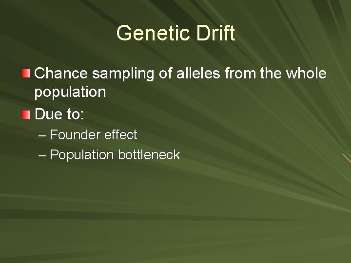 Genetic Drift Chance sampling of alleles from the whole population Due to: – Founder