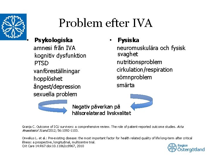 Problem efter IVA • Psykologiska amnesi från IVA kognitiv dysfunktion PTSD vanföreställningar hopplöshet ångest/depression