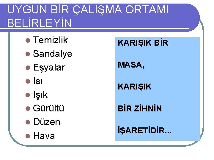 UYGUN BİR ÇALIŞMA ORTAMI BELİRLEYİN l Temizlik KARIŞIK BİR l Sandalye l Eşyalar l