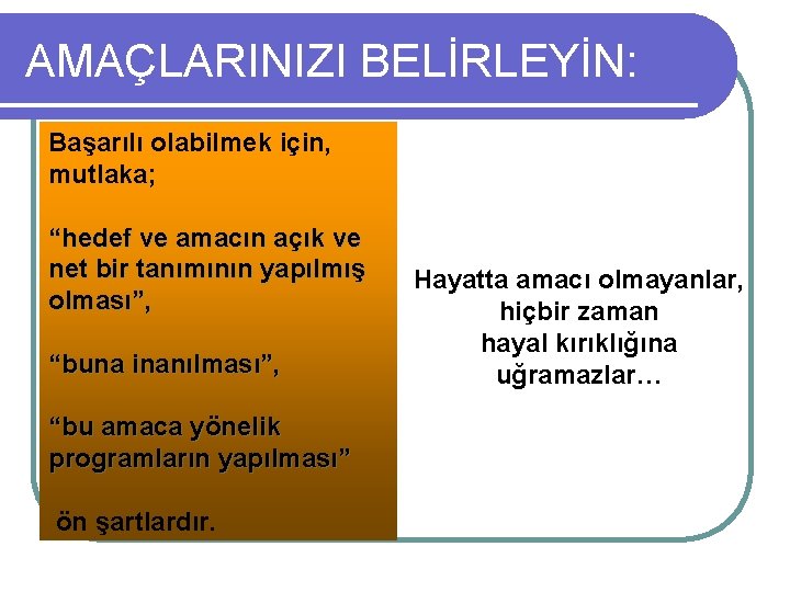 AMAÇLARINIZI BELİRLEYİN: Başarılı olabilmek için, mutlaka; “hedef ve amacın açık ve net bir tanımının