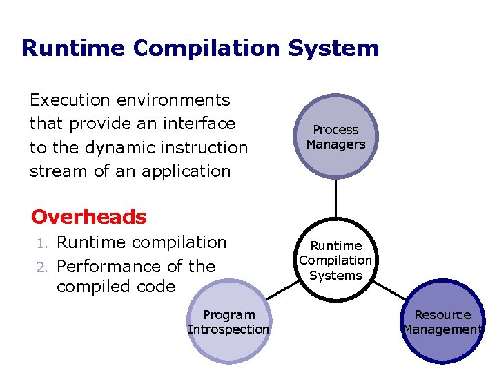 Runtime Compilation System Execution environments that provide an interface to the dynamic instruction stream