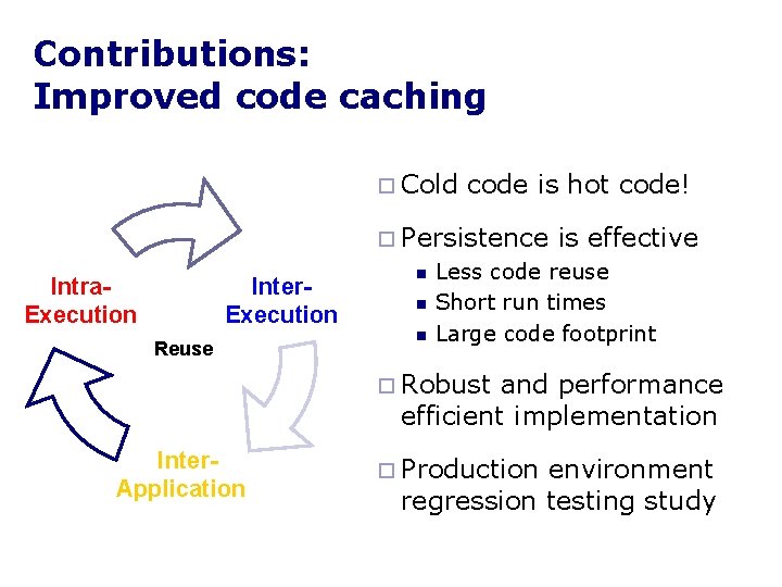 Contributions: Improved code caching ¨ Cold code is hot code! ¨ Persistence Intra. Execution