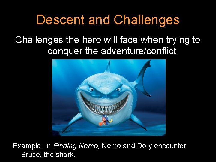 Descent and Challenges the hero will face when trying to conquer the adventure/conflict Example: