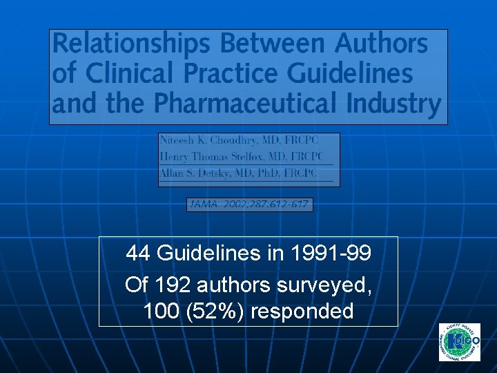 44 Guidelines in 1991 -99 Of 192 authors surveyed, 100 (52%) responded 44 Guidelines in 1991 -99 Of 192 authors surveyed, 100 (52%) responded