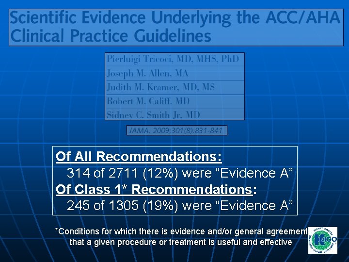 Of All Recommendations: 314 of 2711 (12%) were “Evidence A” Of Class 1* Recommendations: Of All Recommendations: 314 of 2711 (12%) were “Evidence A” Of Class 1* Recommendations: