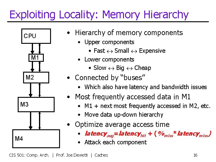 Exploiting Locality: Memory Hierarchy CPU M 1 M 2 • Hierarchy of memory components