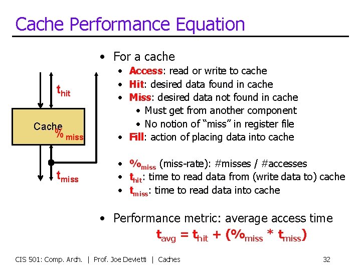 Cache Performance Equation • For a cache thit Cache %miss tmiss • Access: read