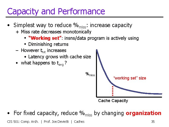 Capacity and Performance • Simplest way to reduce %miss: increase capacity + Miss rate