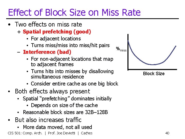 Effect of Block Size on Miss Rate • Two effects on miss rate +