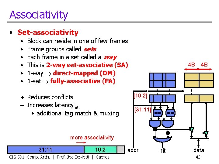 Associativity • Set-associativity • • • Block can reside in one of few frames