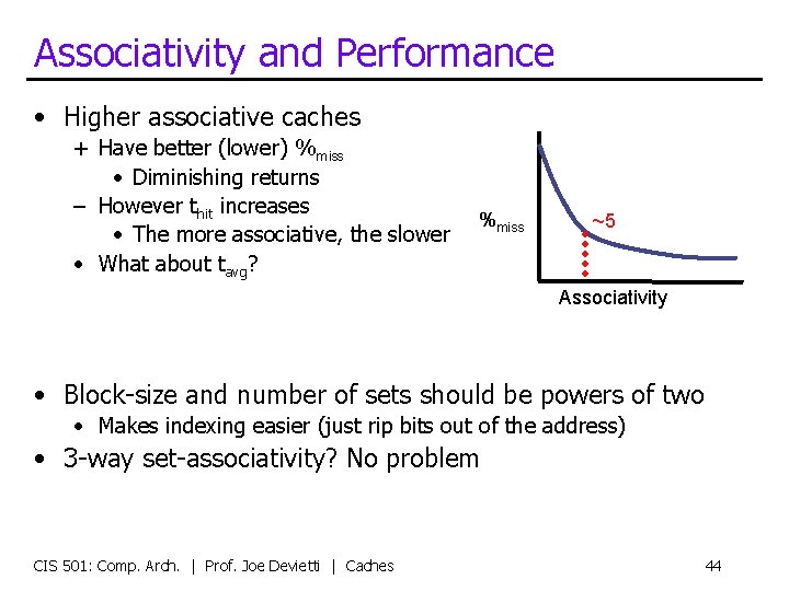 Associativity and Performance • Higher associative caches + Have better (lower) %miss • Diminishing