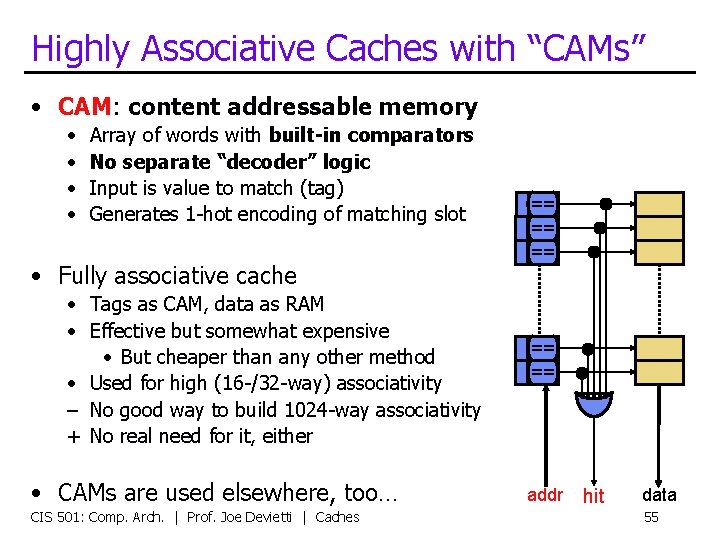 Highly Associative Caches with “CAMs” • CAM: content addressable memory • • Array of