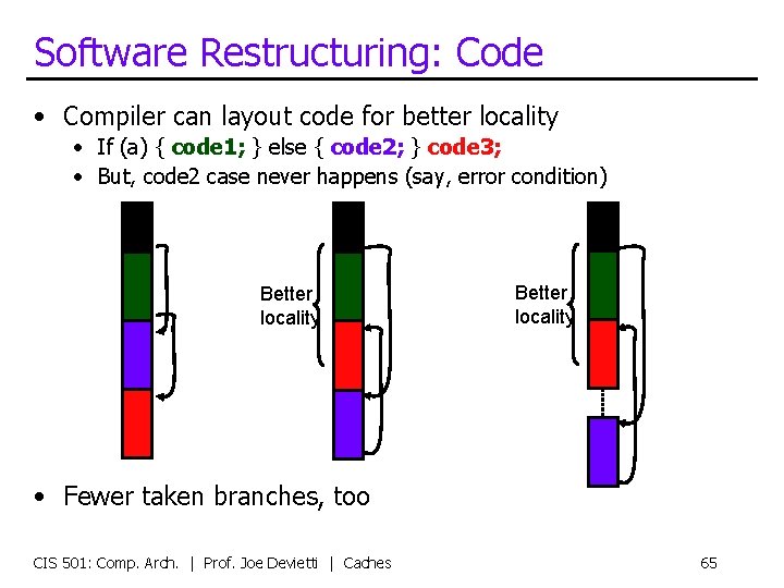 Software Restructuring: Code • Compiler can layout code for better locality • If (a)