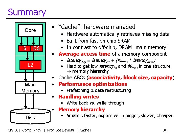 Summary Core I$ D$ L 2 Main Memory • “Cache”: hardware managed • Hardware