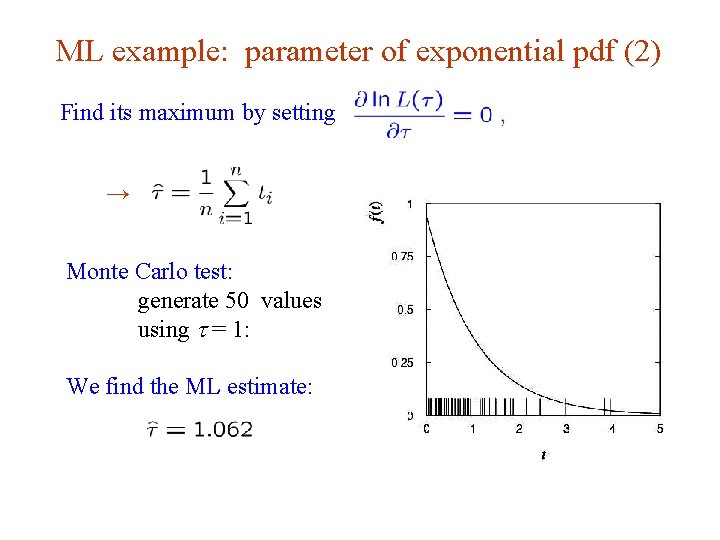 ML example: parameter of exponential pdf (2) Find its maximum by setting → Monte