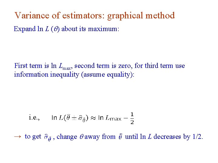 Variance of estimators: graphical method Expand ln L (q) about its maximum: First term