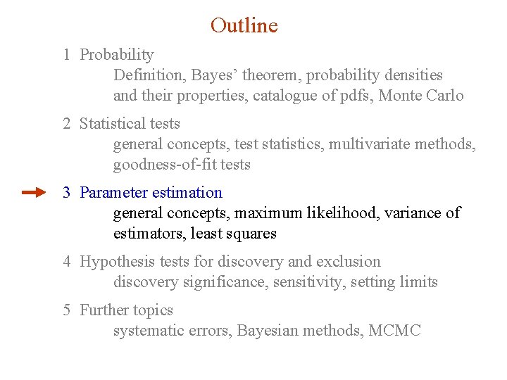 Outline 1 Probability Definition, Bayes’ theorem, probability densities and their properties, catalogue of pdfs,