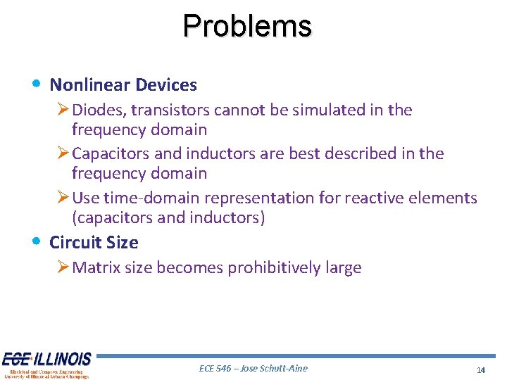 Problems • Nonlinear Devices Ø Diodes, transistors cannot be simulated in the frequency domain Problems • Nonlinear Devices Ø Diodes, transistors cannot be simulated in the frequency domain