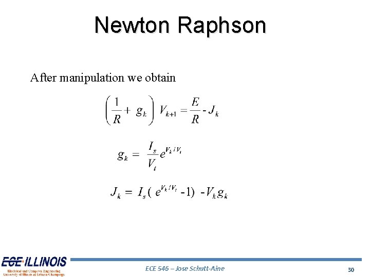 Newton Raphson After manipulation we obtain ECE 546 – Jose Schutt-Aine 30 Newton Raphson After manipulation we obtain ECE 546 – Jose Schutt-Aine 30
