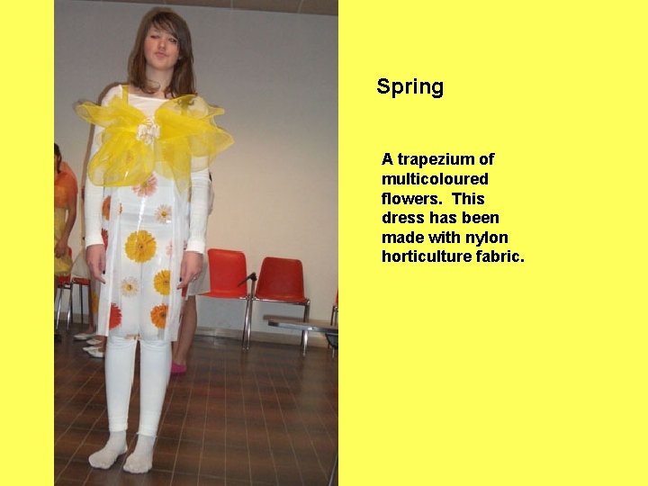 Spring A trapezium of multicoloured flowers. This dress has been made with nylon horticulture