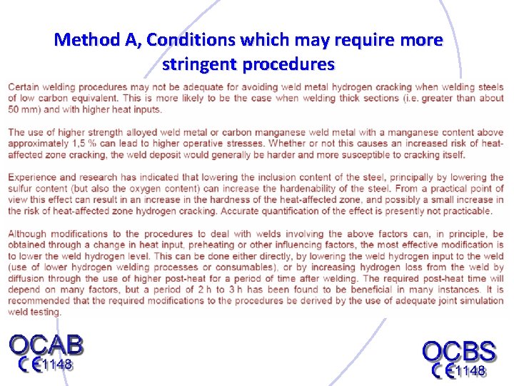 Method A, Conditions which may require more stringent procedures 