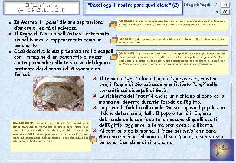 Il Padre Nostro (Mt. 6, 9 -15 ; Lc. 11, 2 -4) "Dacci oggi