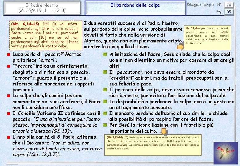 Il perdono delle colpe Il Padre Nostro (Mt. 6, 9 -15 ; Lc. 11,