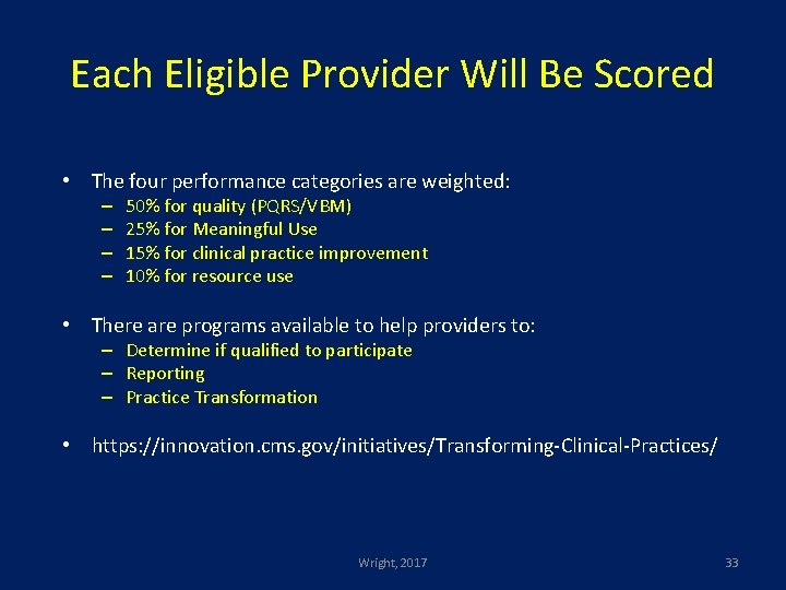 Each Eligible Provider Will Be Scored • The four performance categories are weighted: –