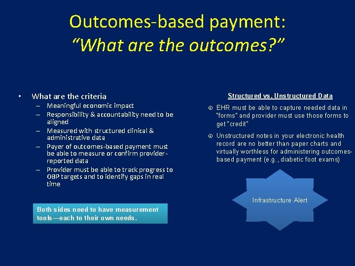 Outcomes-based payment: “What are the outcomes? ” • What are the criteria – Meaningful