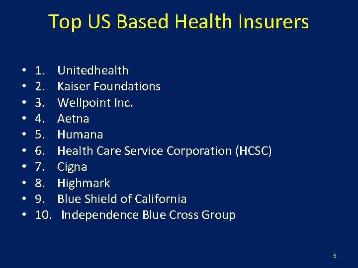 Top US Based Health Insurers • • • 1. Unitedhealth 2. Kaiser Foundations 3.