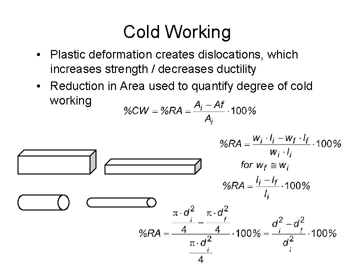 Cold Working • Plastic deformation creates dislocations, which increases strength / decreases ductility •
