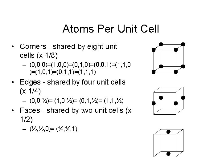 Atoms Per Unit Cell • Corners - shared by eight unit cells (x 1/8)