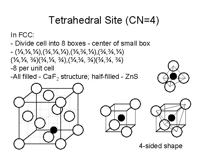 Tetrahedral Site (CN=4) In FCC: - Divide cell into 8 boxes - center of