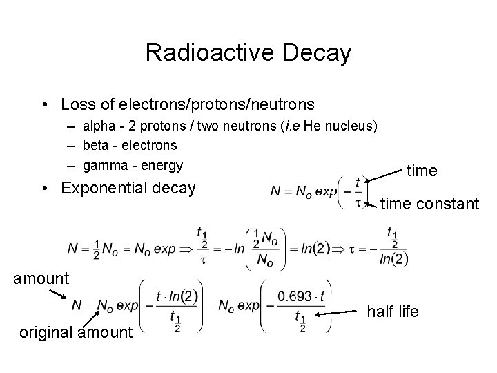 Radioactive Decay • Loss of electrons/protons/neutrons – alpha - 2 protons / two neutrons