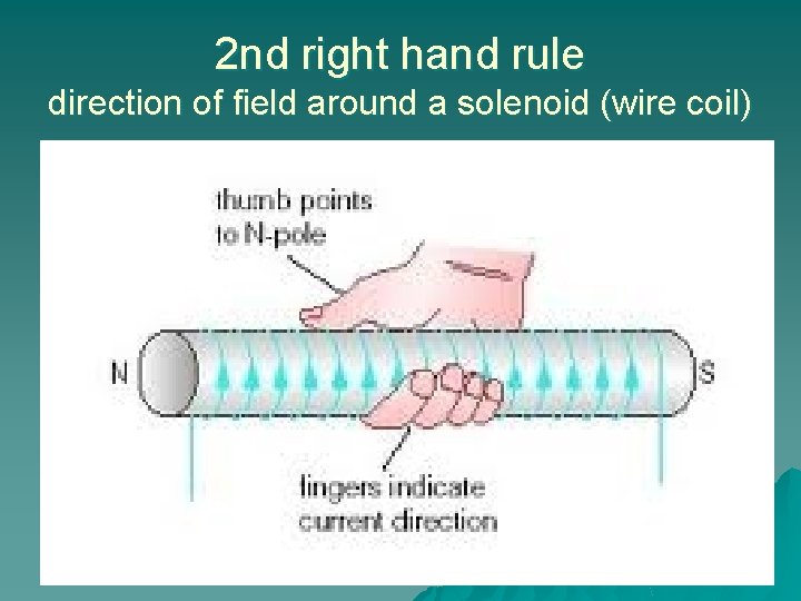 2 nd right hand rule direction of field around a solenoid (wire coil) 
