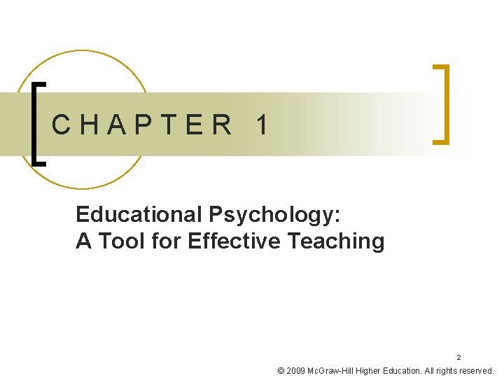 CHAPTER 1 Educational Psychology: A Tool for Effective Teaching 2 © 2009 Mc. Graw-Hill CHAPTER 1 Educational Psychology: A Tool for Effective Teaching 2 © 2009 Mc. Graw-Hill