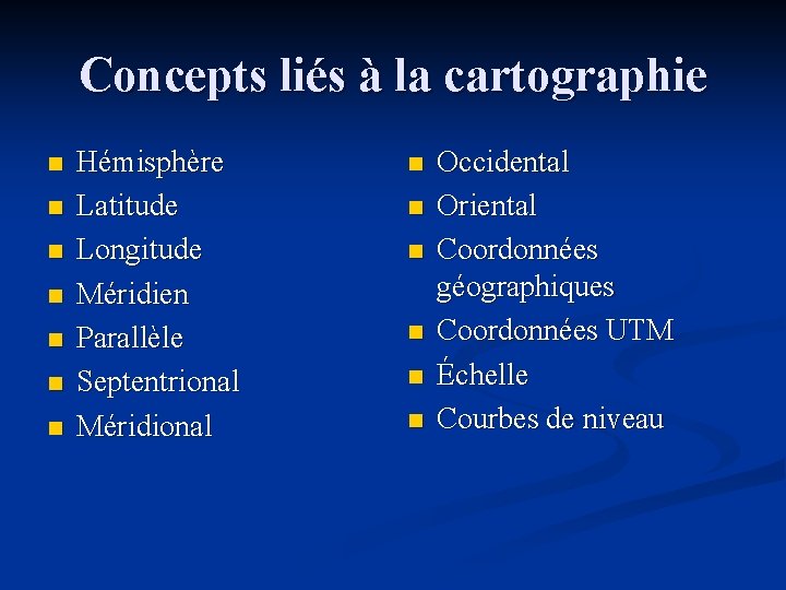 Concepts liés à la cartographie n n n n Hémisphère Latitude Longitude Méridien Parallèle