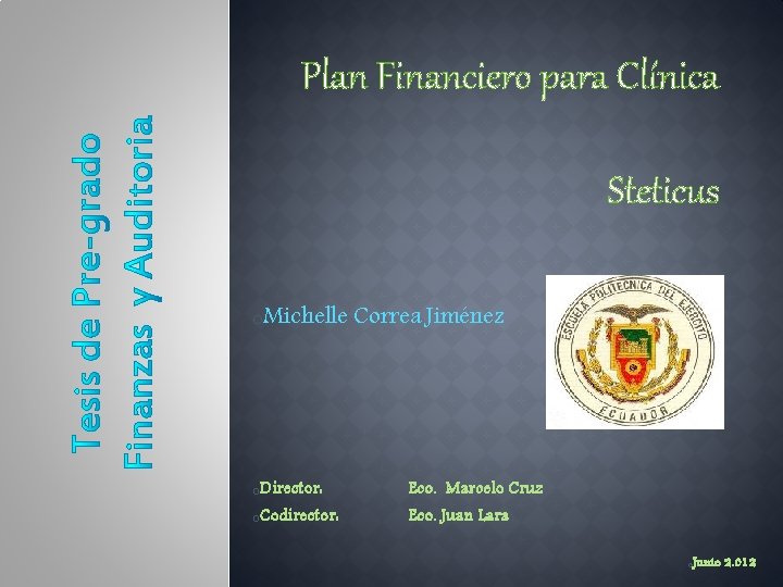 Plan Financiero para Clínica Steticus o. Michelle Correa Jiménez o. Director: Eco. Marcelo Cruz