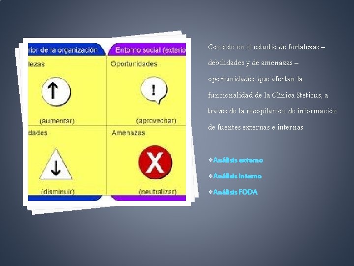 Consiste en el estudio de fortalezas – debilidades y de amenazas – oportunidades, que