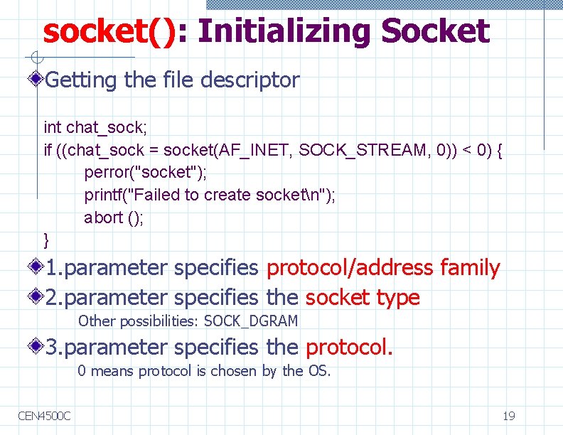 socket(): Initializing Socket Getting the file descriptor int chat_sock; if ((chat_sock = socket(AF_INET, SOCK_STREAM,