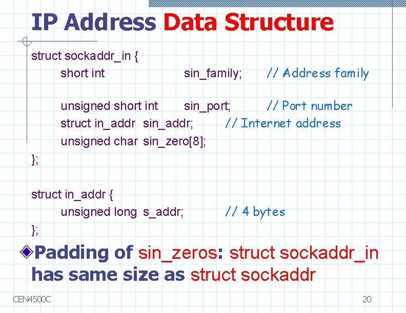 IP Address Data Structure struct sockaddr_in { short int sin_family; // Address family unsigned