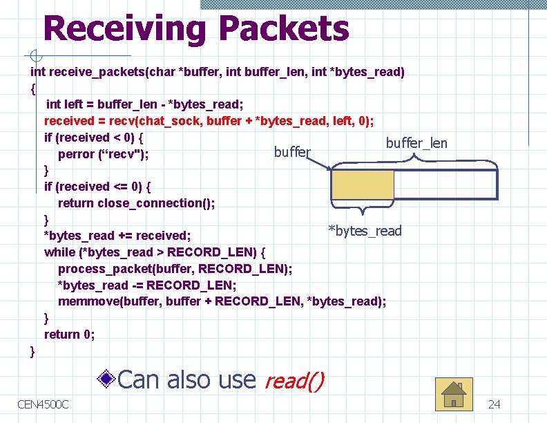 Receiving Packets int receive_packets(char *buffer, int buffer_len, int *bytes_read) { int left = buffer_len