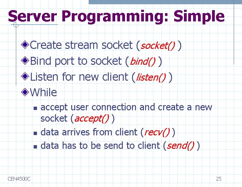 Server Programming: Simple Create stream socket (socket() ) Bind port to socket (bind() )