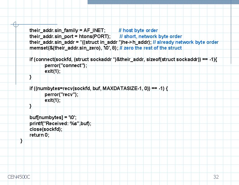 their_addr. sin_family = AF_INET; // host byte order their_addr. sin_port = htons(PORT); // short,