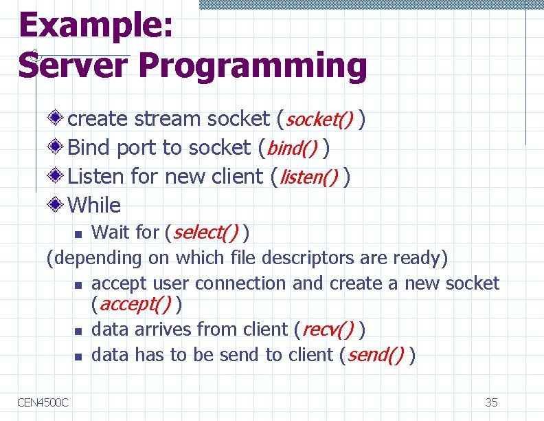 Example: Server Programming create stream socket (socket() ) Bind port to socket (bind() )