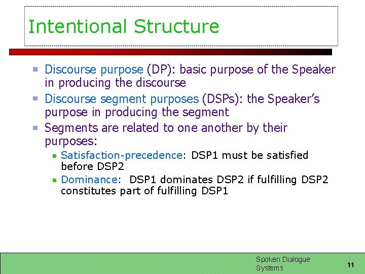 Intentional Structure Discourse purpose (DP): basic purpose of the Speaker in producing the discourse