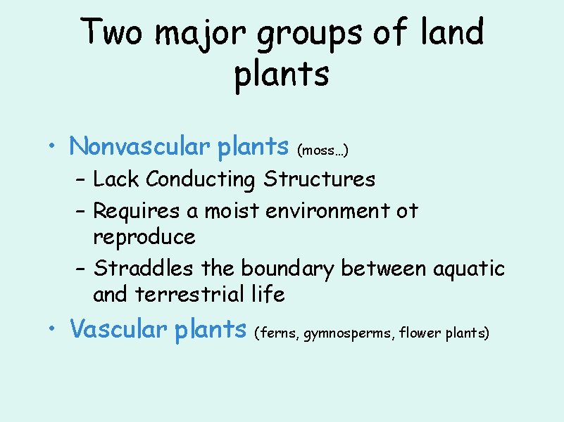 Two major groups of land plants • Nonvascular plants (moss…) – Lack Conducting Structures